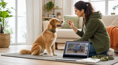 Dog training at home with an online course on a laptop, a leash, and a training notebook.