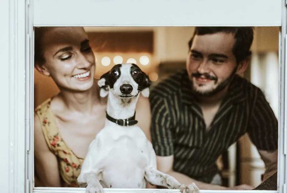 Dog standing with two owners at home for a guide to choosing puzzle toys for home-alone dogs