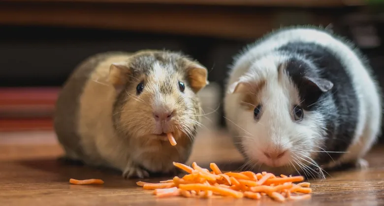 Two guinea pigs eating in a real home scene for a small pet feeding guide